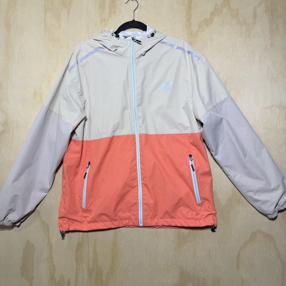 New Balance Windbreaker Jacket Mens L Beige Orange Hooded Lightweight Zip